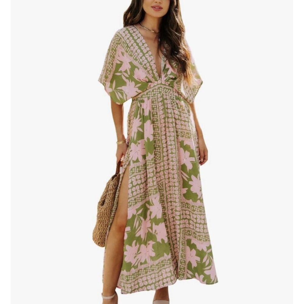 Spring & Summer Women's New Floral Print Boho Fashionable Printed Slit Dress SM